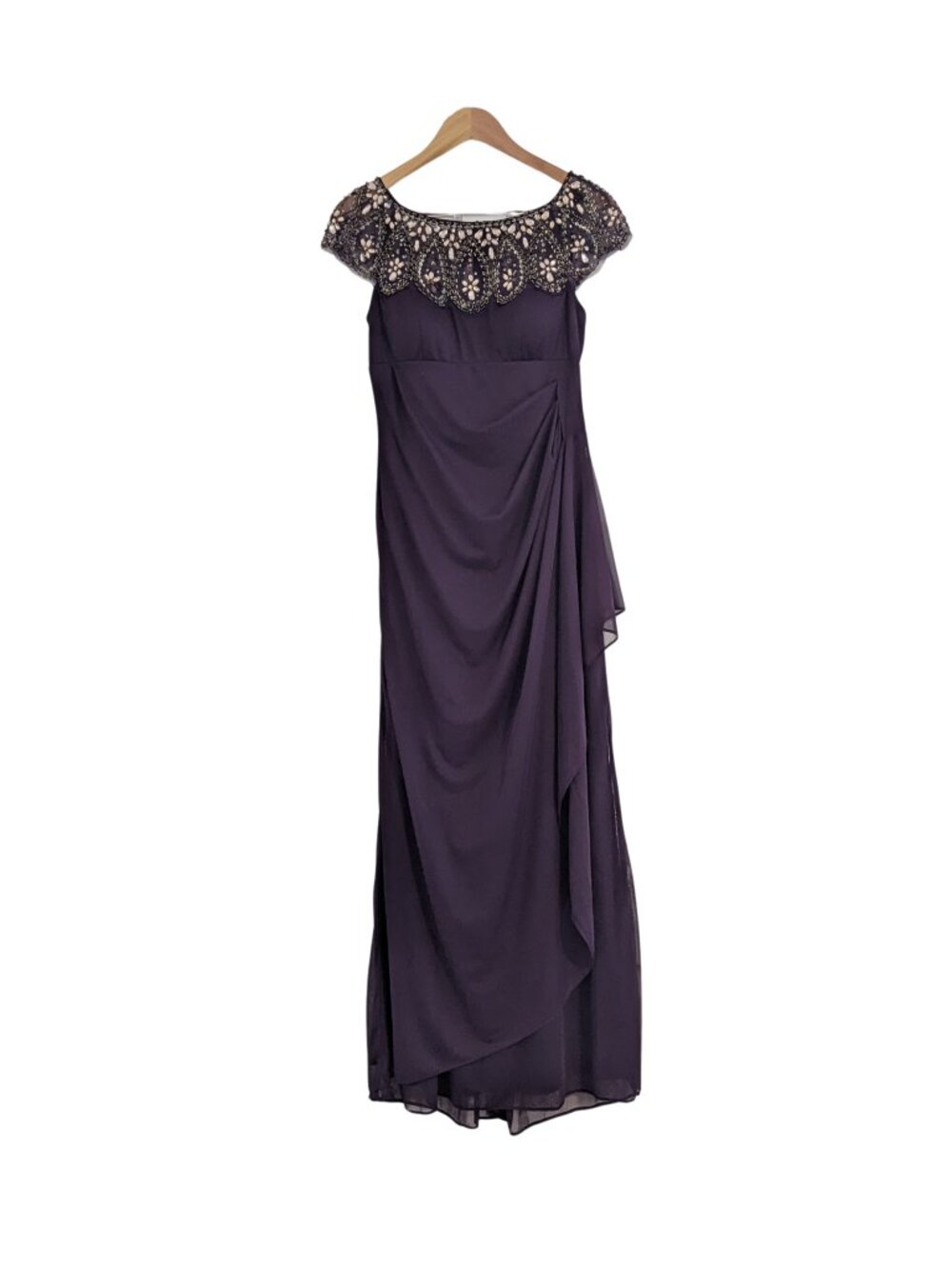 Xscape Plum Embellished Evening Gown Size 6P Beaded Illusion Neckline Maxi - Picture 5 of 9